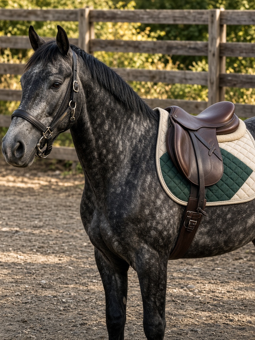 Grey horse wearing a leather saddle, forest-green pad and girth